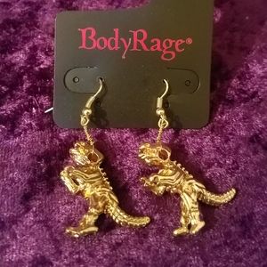 Golden Dinosaur Skeleton Earrings Body Rage NWT